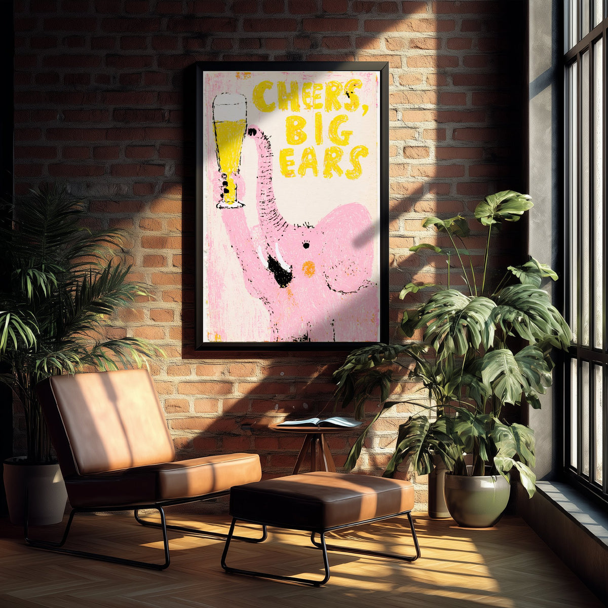 Cheers, Big Ears Art Print - Pink Elephant Raising a Lager Poster - Waxy Pastel Drinks Illustration