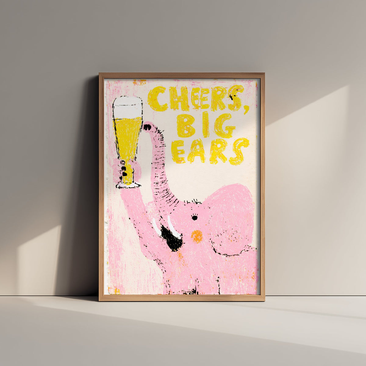 Cheers, Big Ears Art Print - Pink Elephant Raising a Lager Poster - Waxy Pastel Drinks Illustration