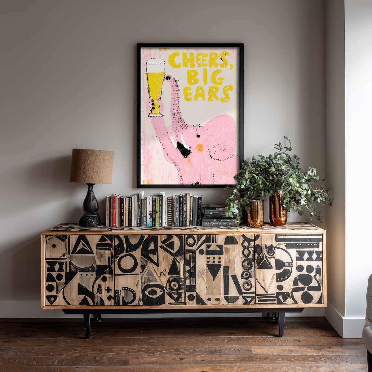 Cheers, Big Ears Art Print - Pink Elephant Raising a Lager Poster - Waxy Pastel Drinks Illustration