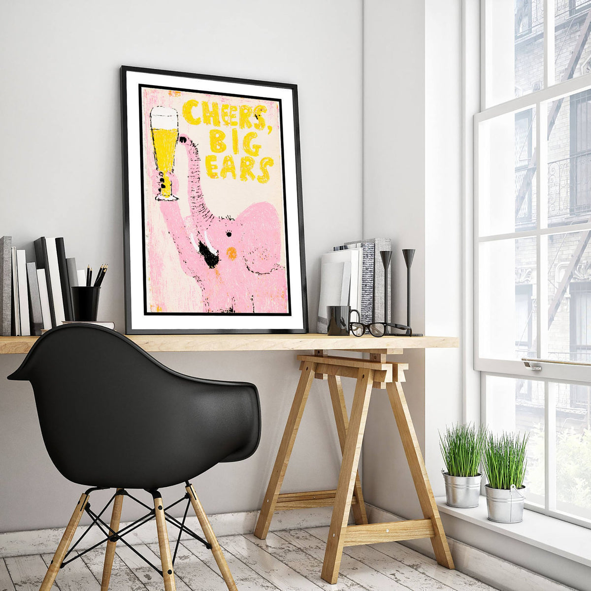 Cheers, Big Ears Art Print - Pink Elephant Raising a Lager Poster - Waxy Pastel Drinks Illustration