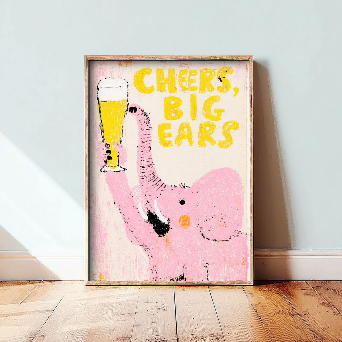 Cheers, Big Ears Art Print - Pink Elephant Raising a Lager Poster - Waxy Pastel Drinks Illustration