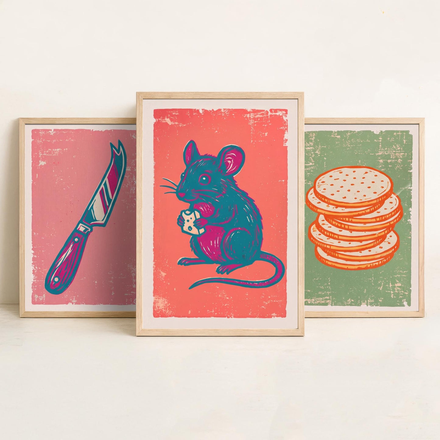 Set of Three Cheese Board Art Prints - Cheese Knife, Crackers, Mouse - Linocut Illustrations - Kitchen Triptych Posters V2