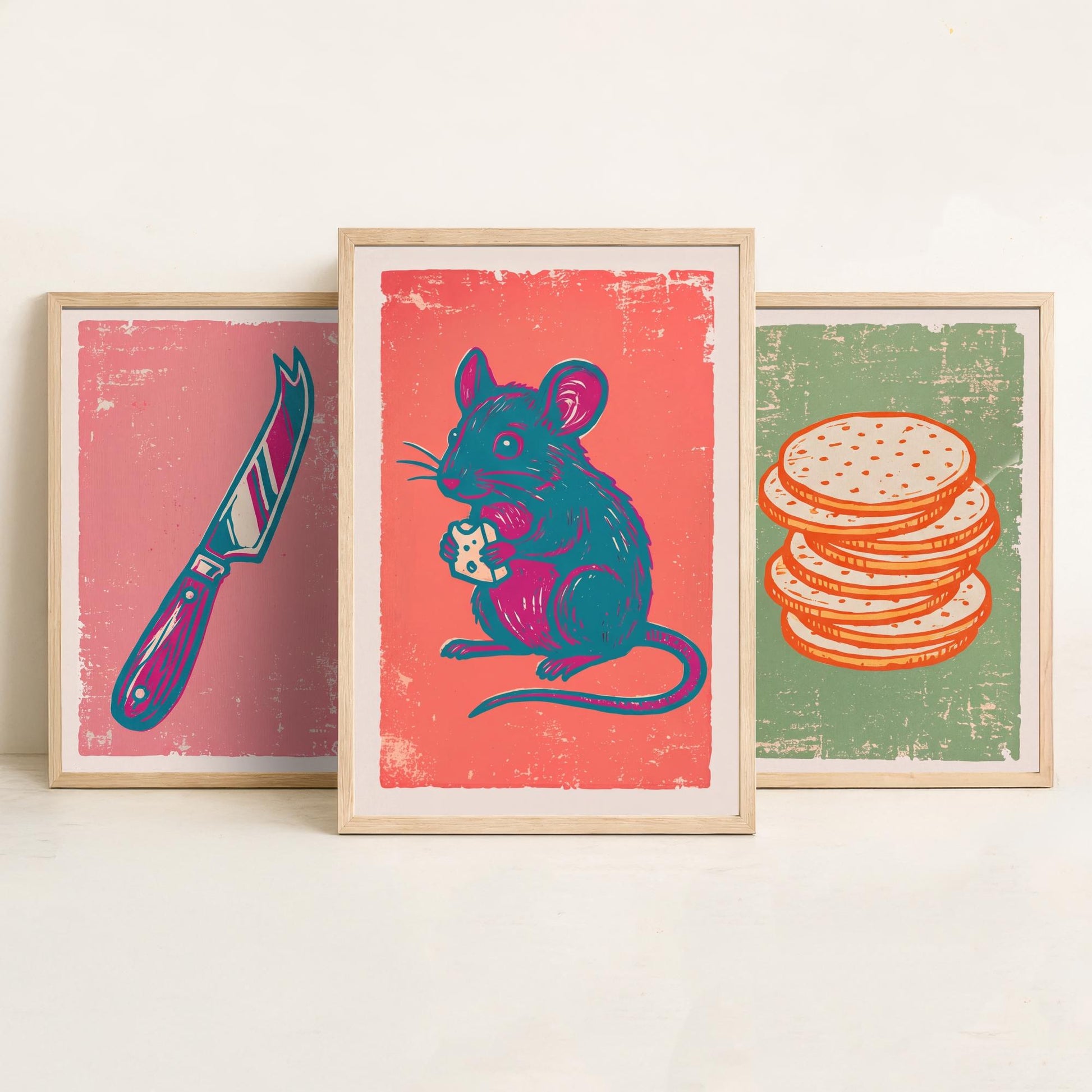 Set of Three Cheese Board Art Prints - Cheese Knife, Crackers, Mouse - Linocut Illustrations - Kitchen Triptych Posters V2