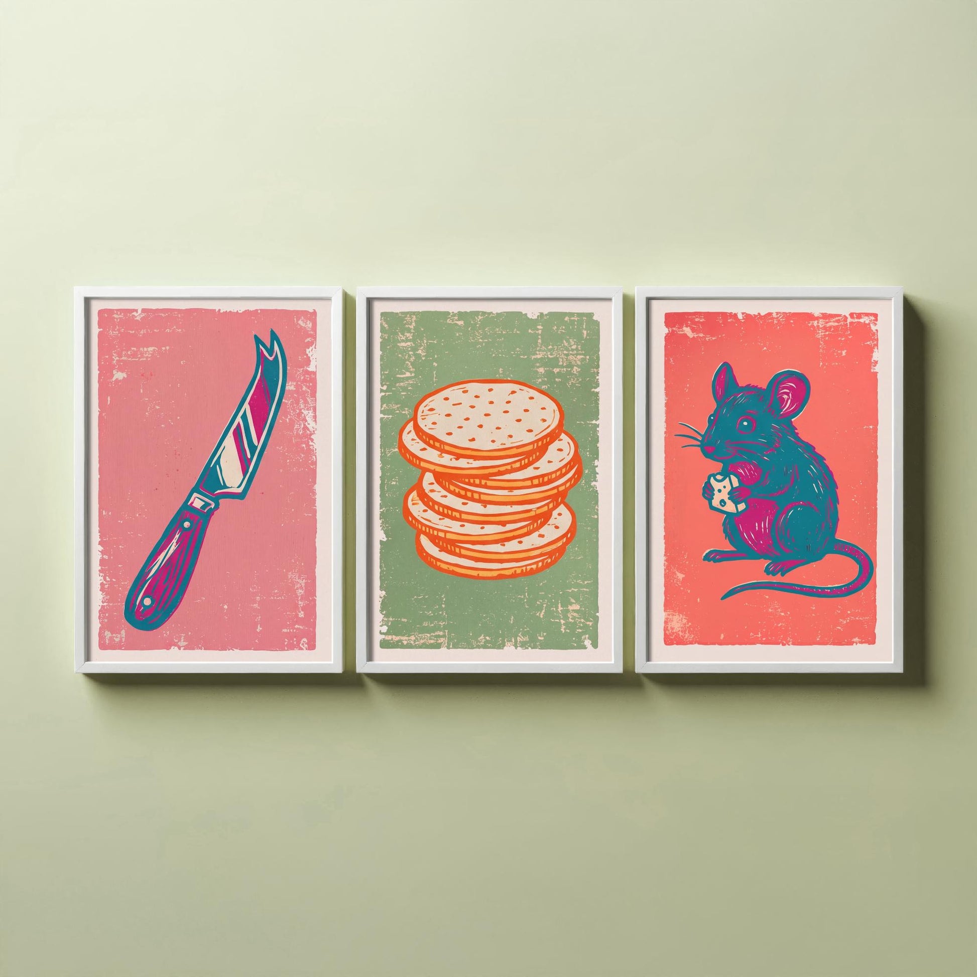 Set of Three Cheese Board Art Prints - Cheese Knife, Crackers, Mouse - Linocut Illustrations - Kitchen Triptych Posters V2