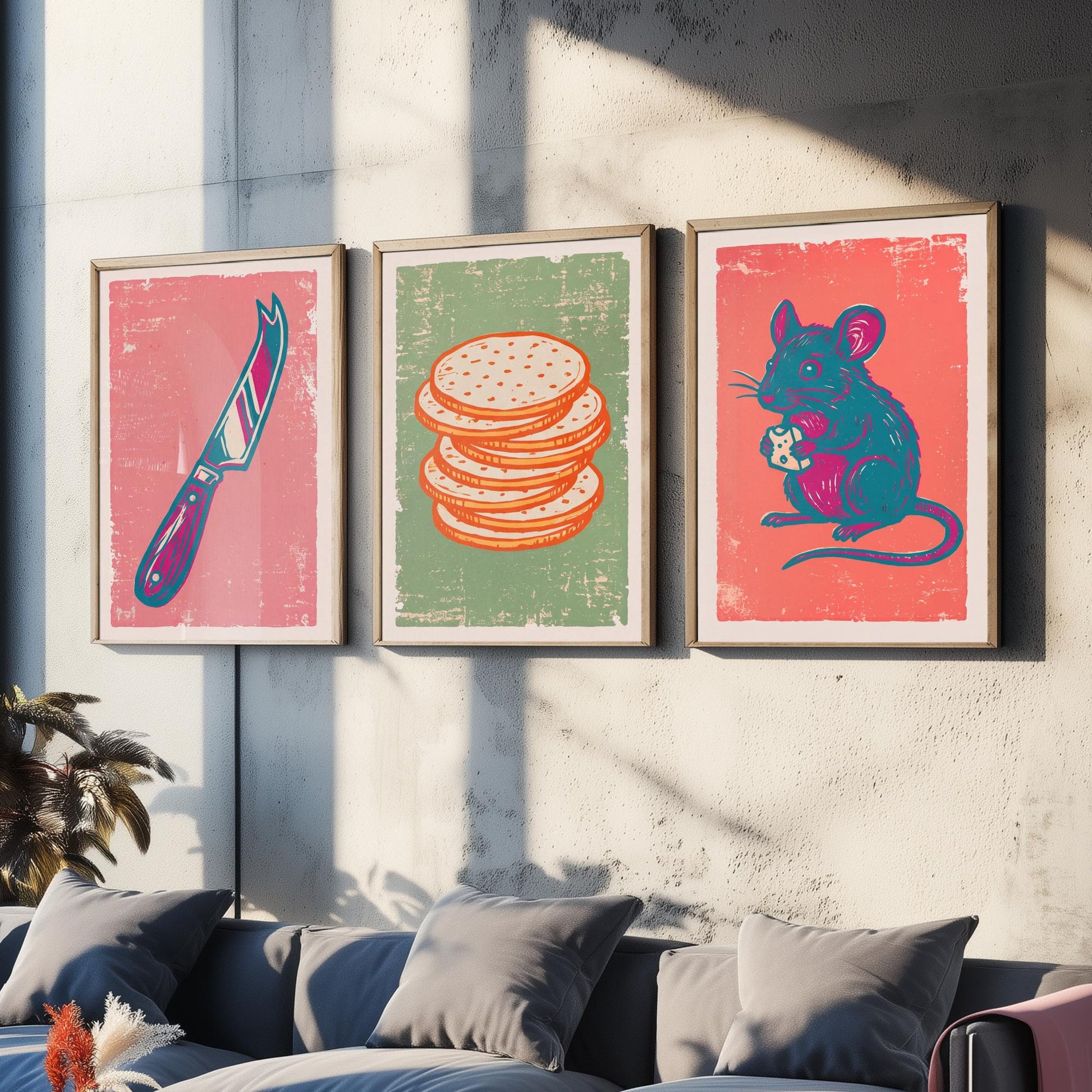 Set of Three Cheese Board Art Prints - Cheese Knife, Crackers, Mouse - Linocut Illustrations - Kitchen Triptych Posters V2