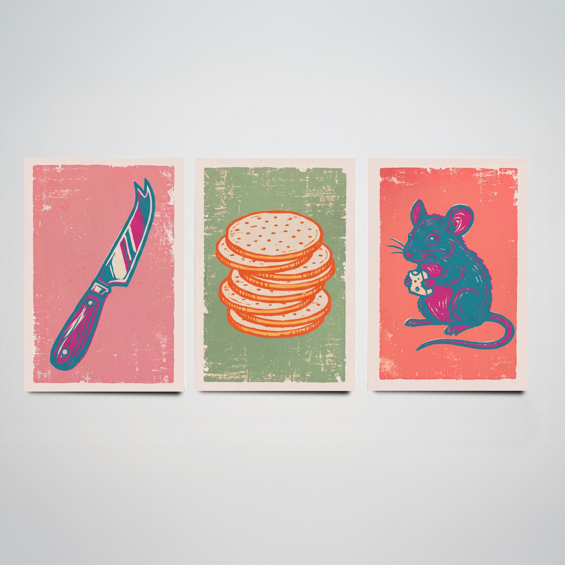Set of Three Cheese Board Art Prints - Cheese Knife, Crackers, Mouse - Linocut Illustrations - Kitchen Triptych Posters V2