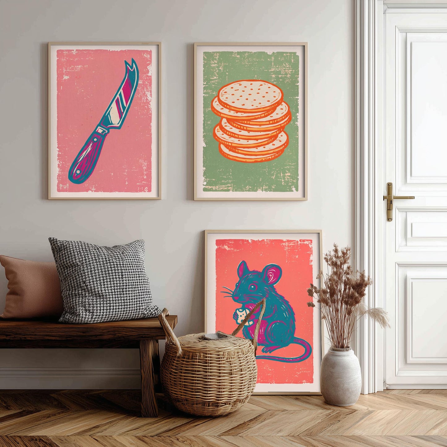 Set of Three Cheese Board Art Prints - Cheese Knife, Crackers, Mouse - Linocut Illustrations - Kitchen Triptych Posters V2