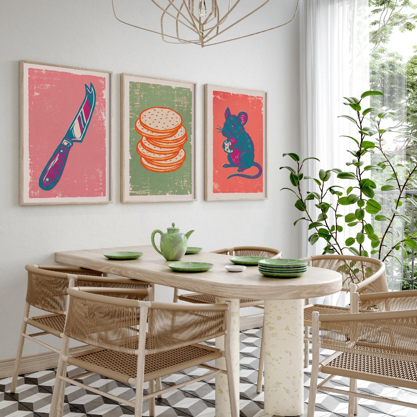 Set of Three Cheese Board Art Prints - Cheese Knife, Crackers, Mouse - Linocut Illustrations - Kitchen Triptych Posters V2