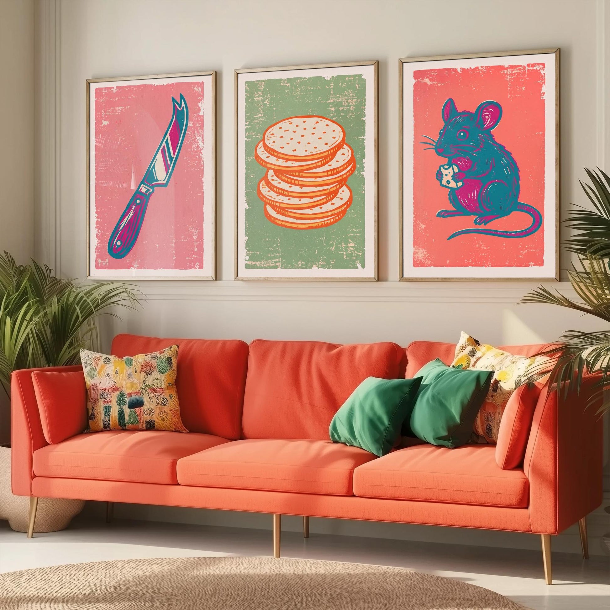 Set of Three Cheese Board Art Prints - Cheese Knife, Crackers, Mouse - Linocut Illustrations - Kitchen Triptych Posters V2