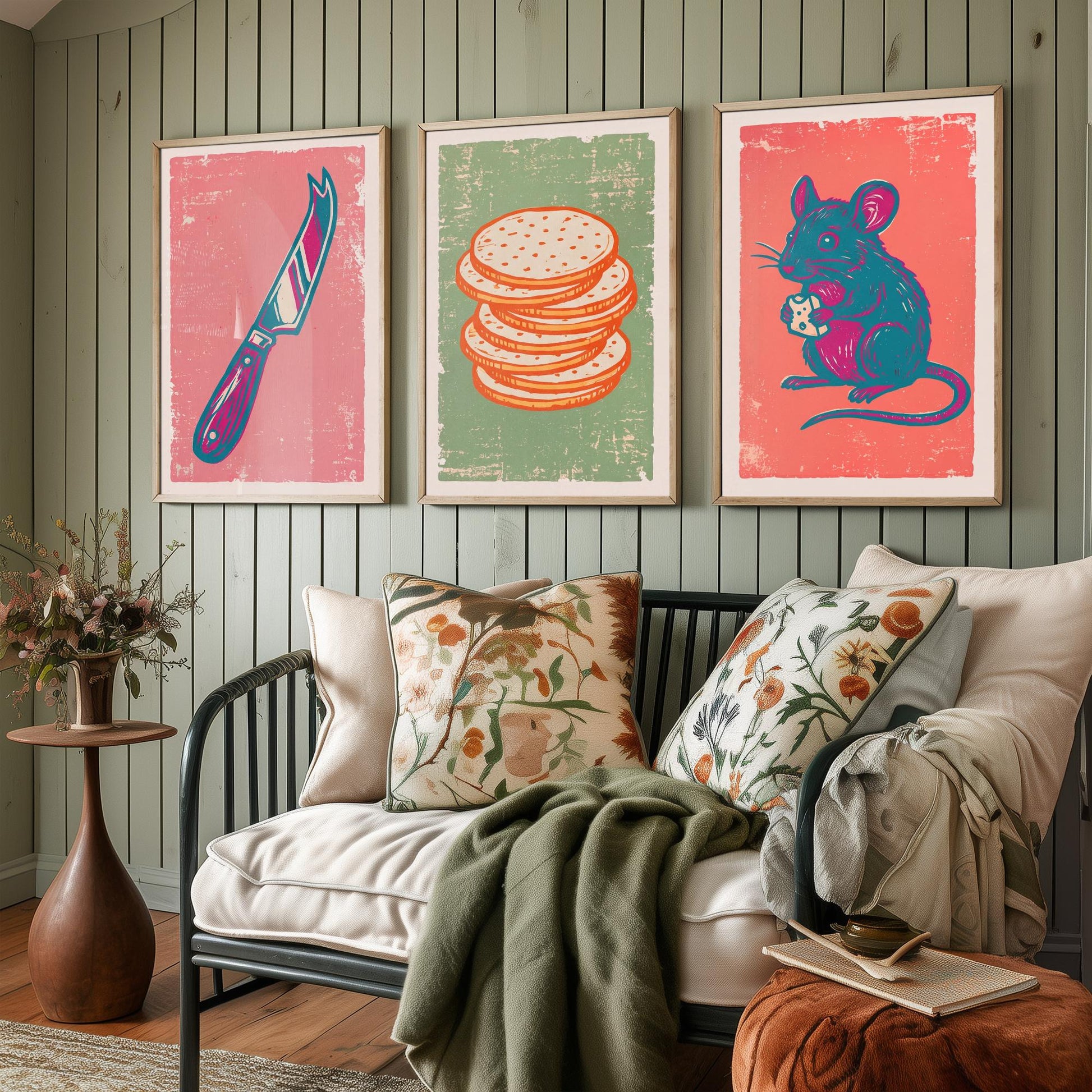 Set of Three Cheese Board Art Prints - Cheese Knife, Crackers, Mouse - Linocut Illustrations - Kitchen Triptych Posters V2