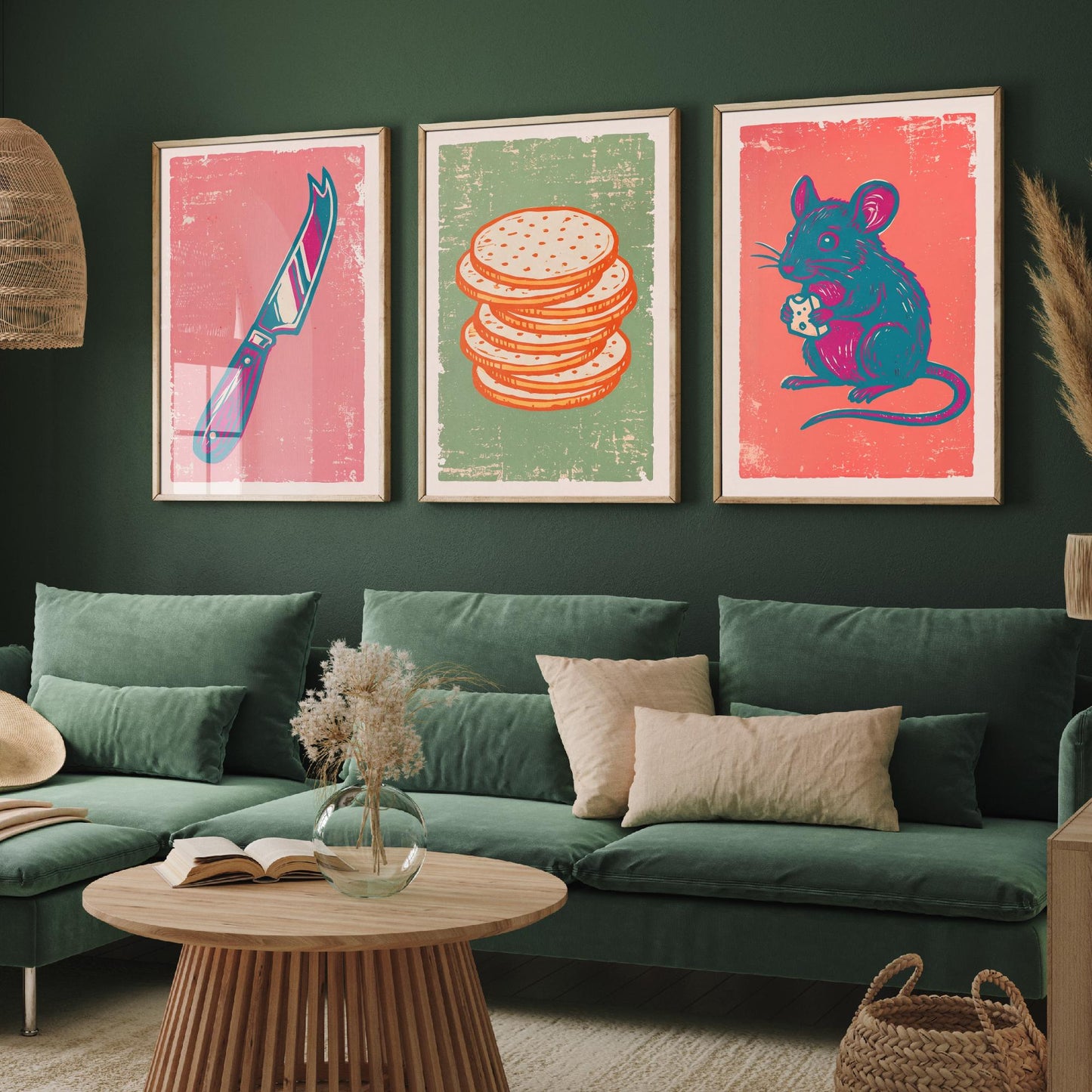 Set of Three Cheese Board Art Prints - Cheese Knife, Crackers, Mouse - Linocut Illustrations - Kitchen Triptych Posters V2