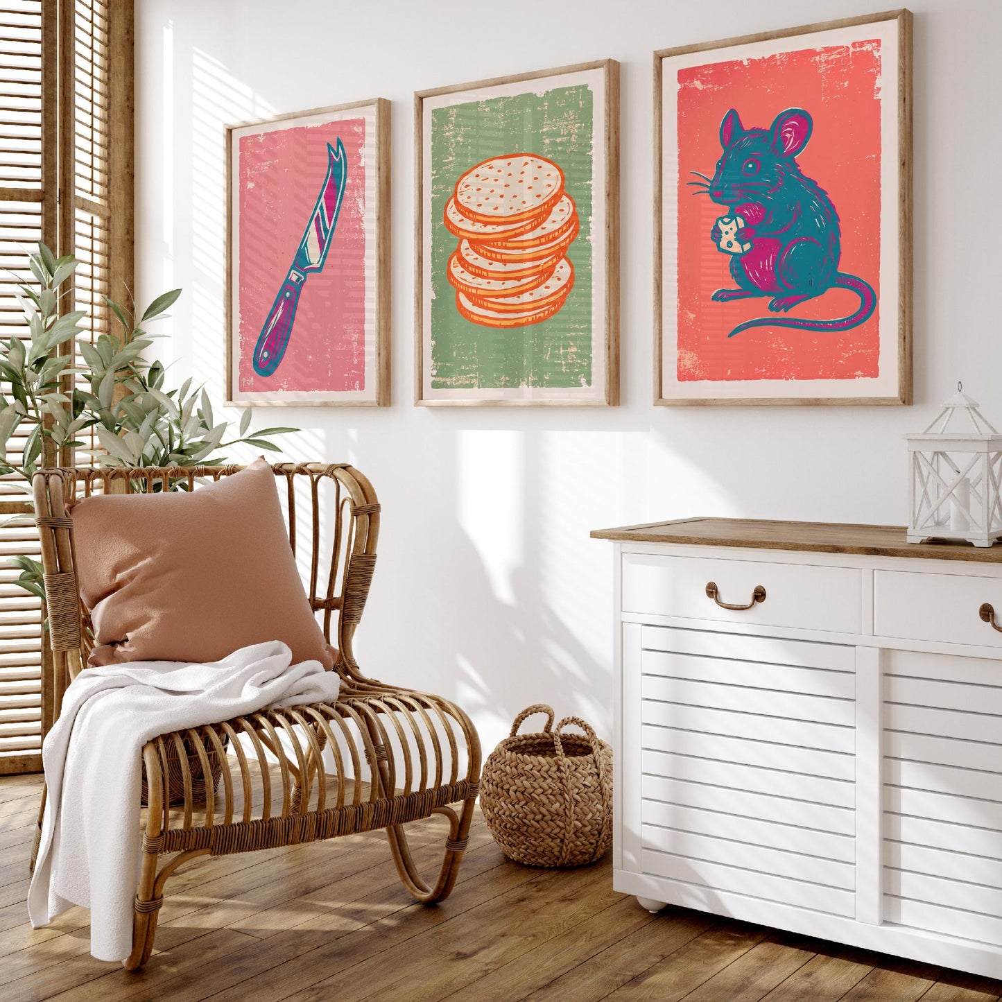 Set of Three Cheese Board Art Prints - Cheese Knife, Crackers, Mouse - Linocut Illustrations - Kitchen Triptych Posters V2