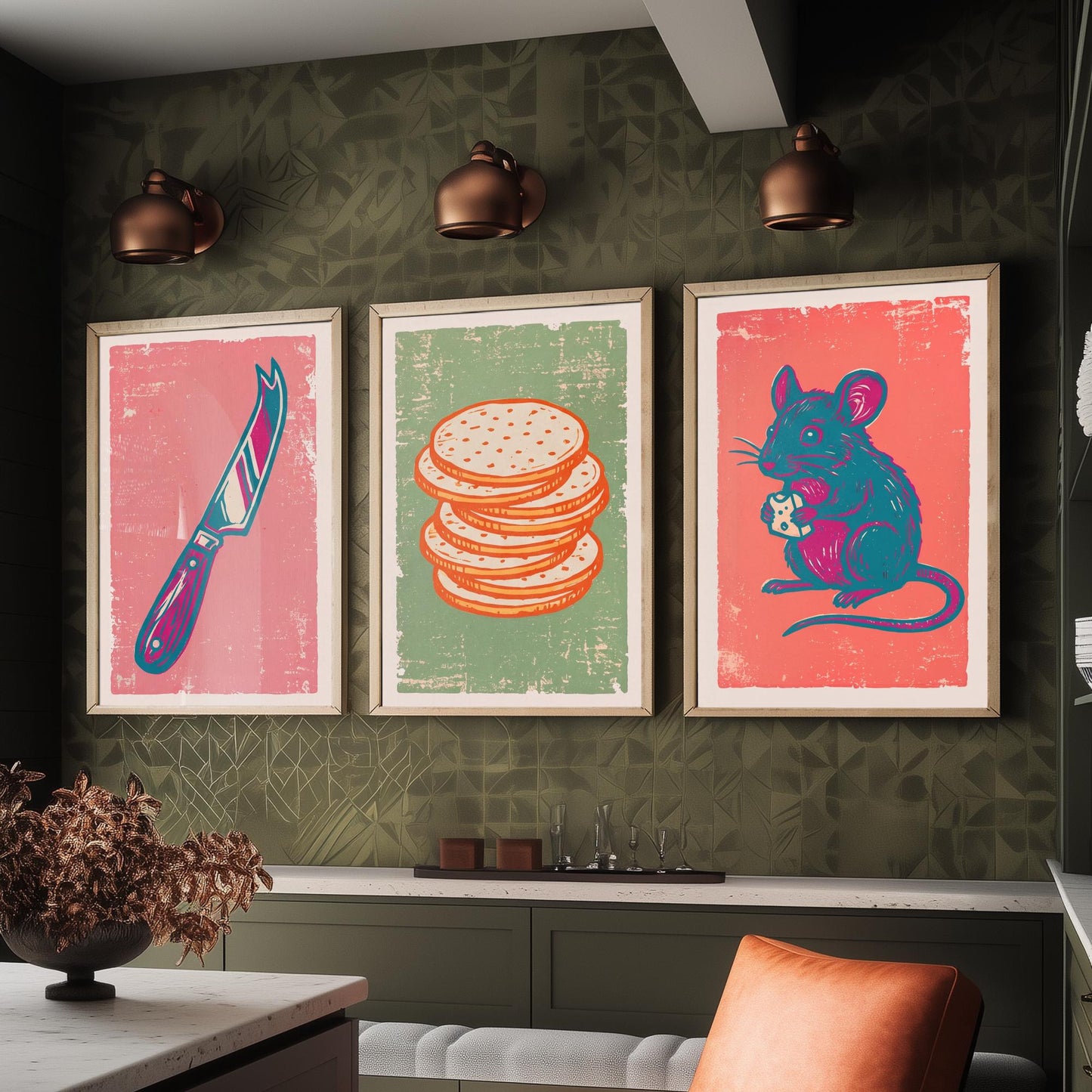 Set of Three Cheese Board Art Prints - Cheese Knife, Crackers, Mouse - Linocut Illustrations - Kitchen Triptych Posters V2