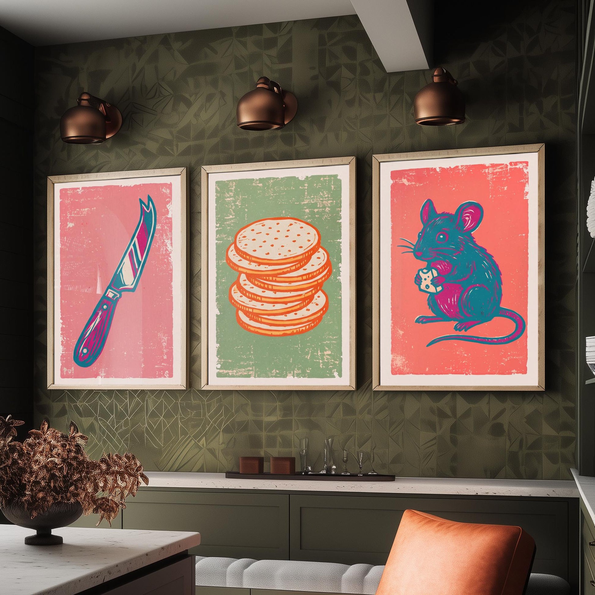 Set of Three Cheese Board Art Prints - Cheese Knife, Crackers, Mouse - Linocut Illustrations - Kitchen Triptych Posters V2