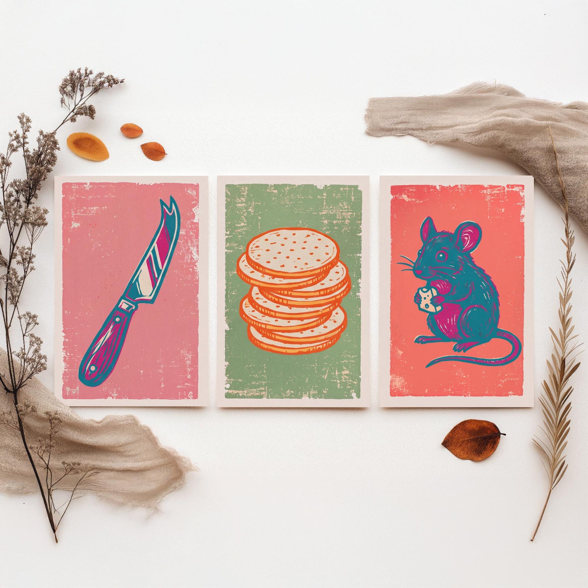 Set of Three Cheese Board Art Prints - Cheese Knife, Crackers, Mouse - Linocut Illustrations - Kitchen Triptych Posters V2