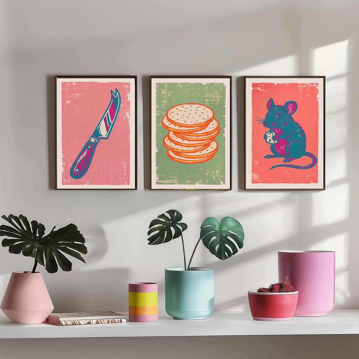 Set of Three Cheese Board Art Prints - Cheese Knife, Crackers, Mouse - Linocut Illustrations - Kitchen Triptych Posters V2
