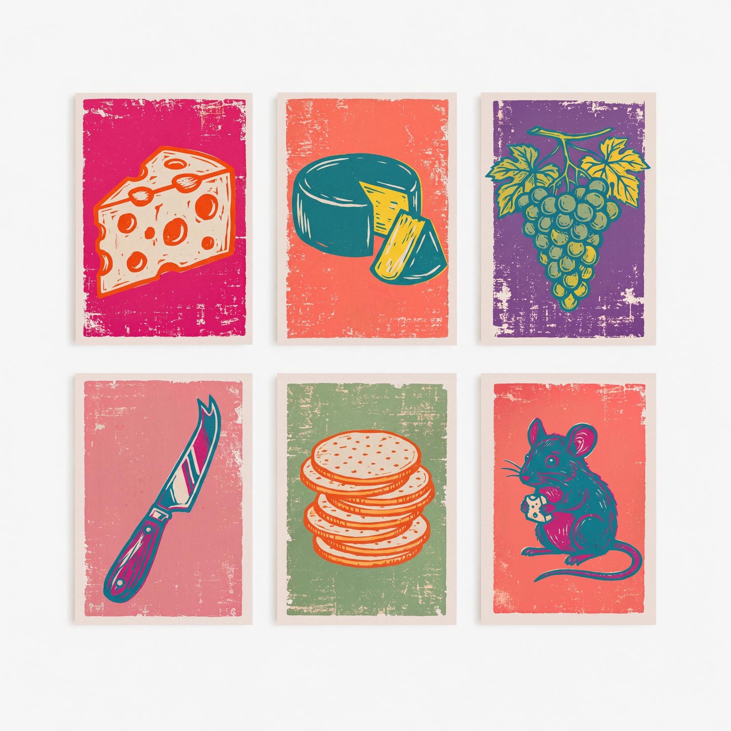 Set of Six Cheese Board Linocut Art Prints - 6 Kitchen Illustrations - Holey Cheese Wedge, Cheese Wheel, Grapes, Crackers, Mouse Posters