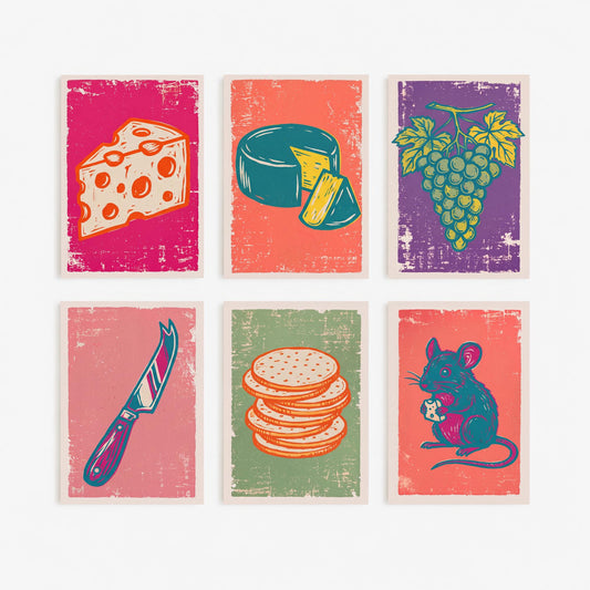 Set of Six Cheese Board Linocut Art Prints - 6 Kitchen Illustrations - Holey Cheese Wedge, Cheese Wheel, Grapes, Crackers, Mouse Posters