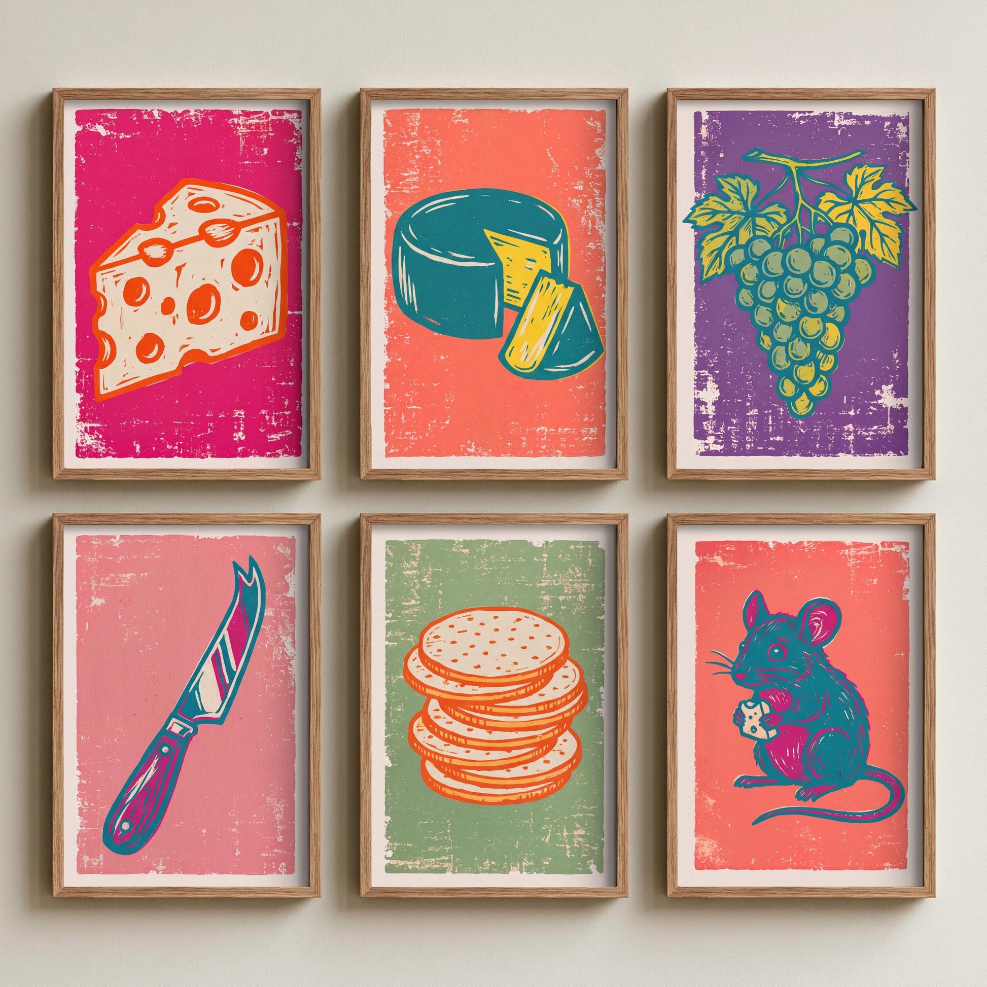 Set of Six Cheese Board Linocut Art Prints - 6 Kitchen Illustrations - Holey Cheese Wedge, Cheese Wheel, Grapes, Crackers, Mouse Posters