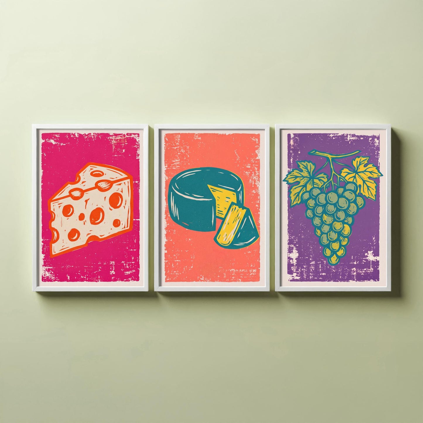 Set of Three Cheese Board Art Prints - Holey Cheese, Cheese Wheel, Grapes - Linocut Illustrations - Kitchen Triptych Posters V1