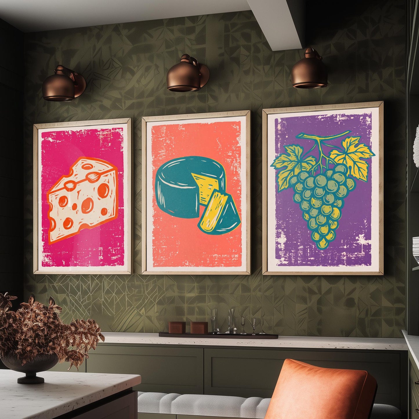 Set of Three Cheese Board Art Prints - Holey Cheese, Cheese Wheel, Grapes - Linocut Illustrations - Kitchen Triptych Posters V1