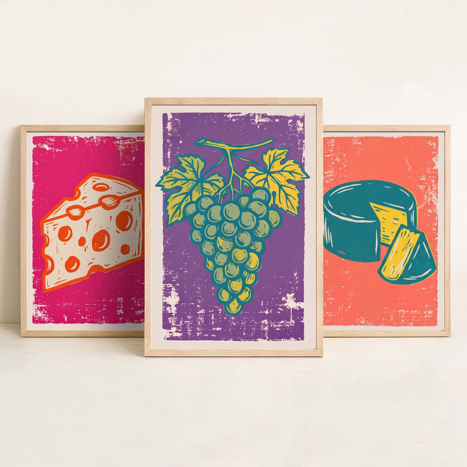 Set of Three Cheese Board Art Prints - Holey Cheese, Cheese Wheel, Grapes - Linocut Illustrations - Kitchen Triptych Posters V1