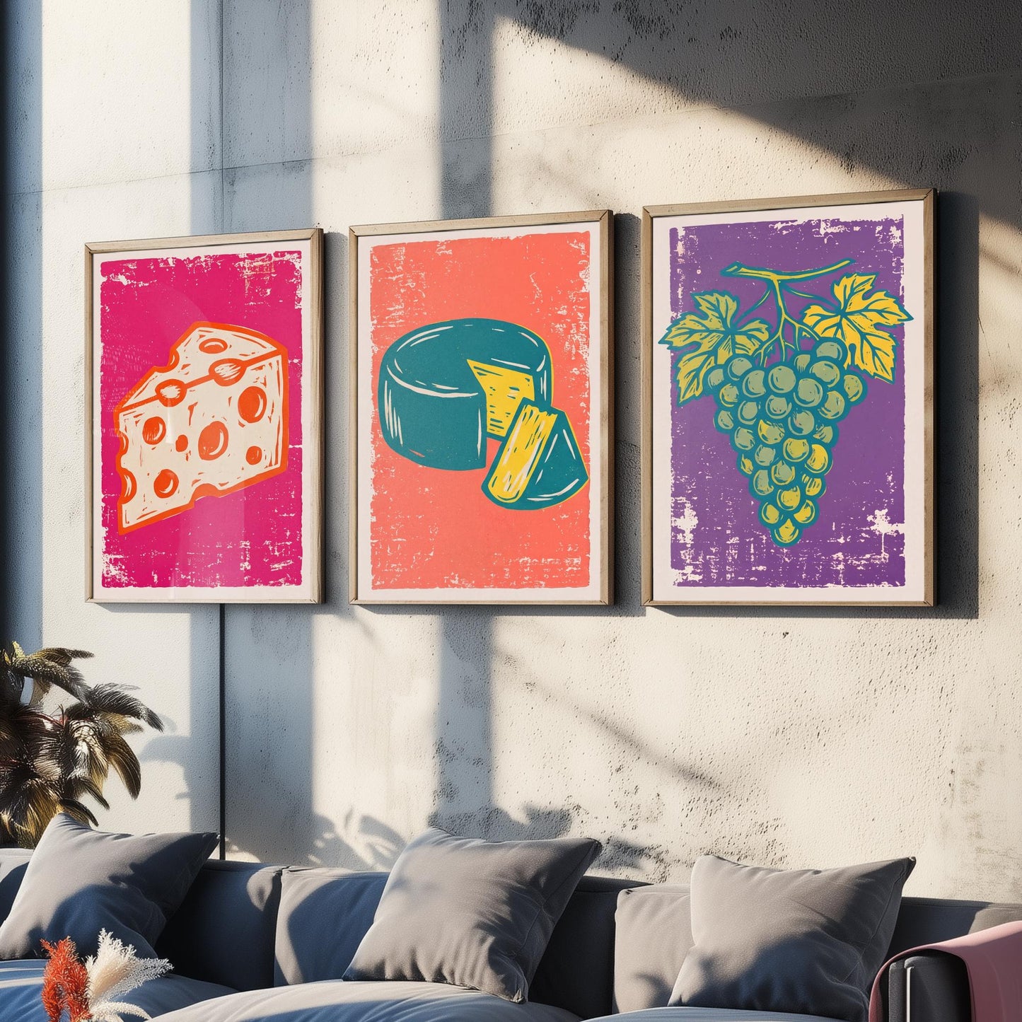 Set of Three Cheese Board Art Prints - Holey Cheese, Cheese Wheel, Grapes - Linocut Illustrations - Kitchen Triptych Posters V1