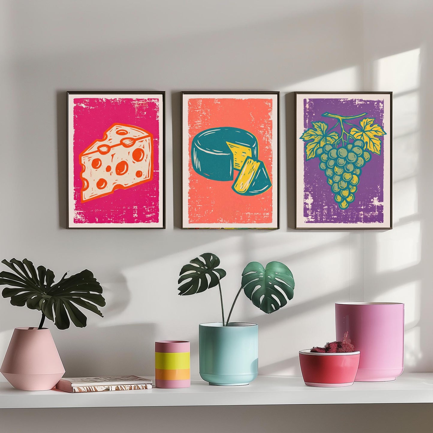 Set of Three Cheese Board Art Prints - Holey Cheese, Cheese Wheel, Grapes - Linocut Illustrations - Kitchen Triptych Posters V1