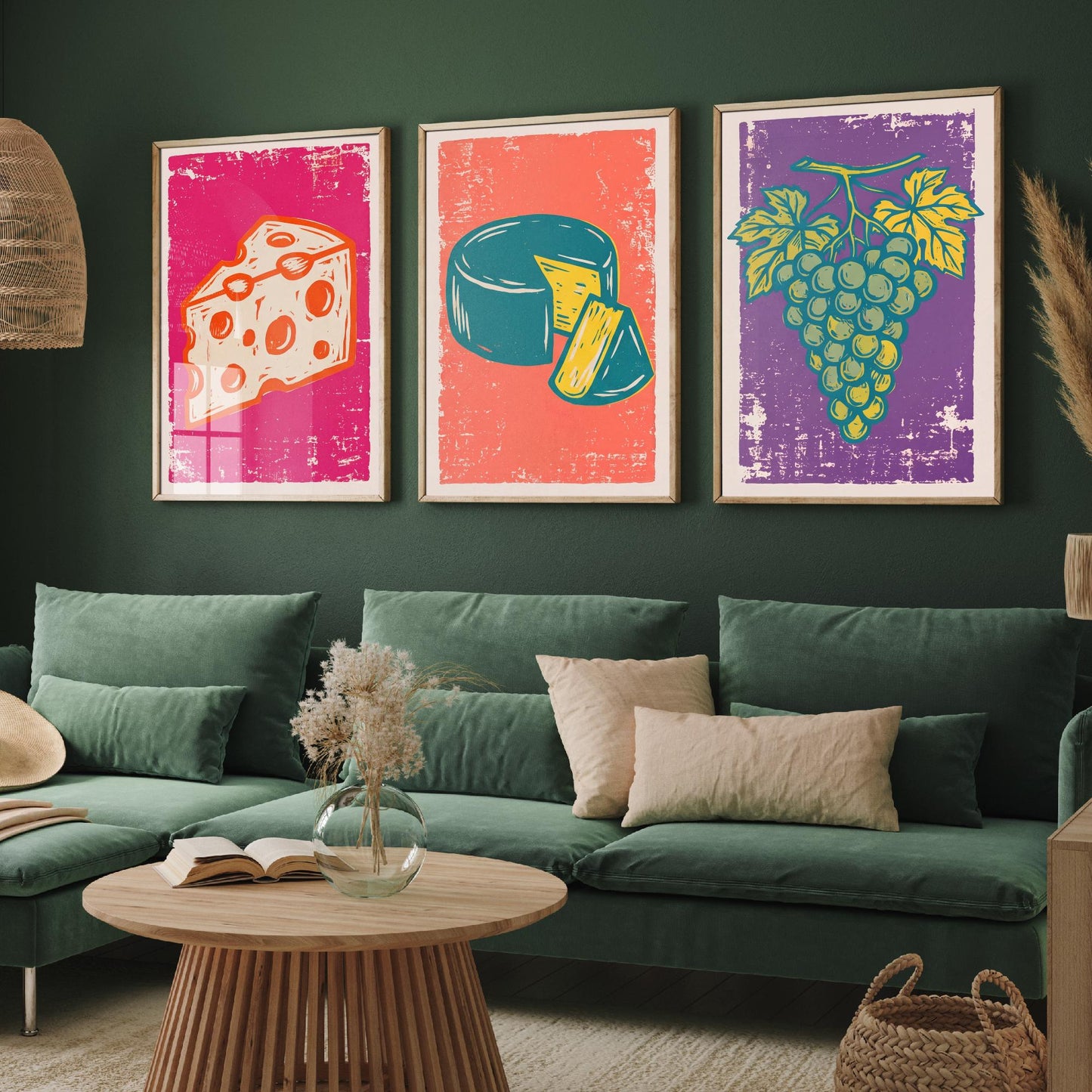 Set of Three Cheese Board Art Prints - Holey Cheese, Cheese Wheel, Grapes - Linocut Illustrations - Kitchen Triptych Posters V1