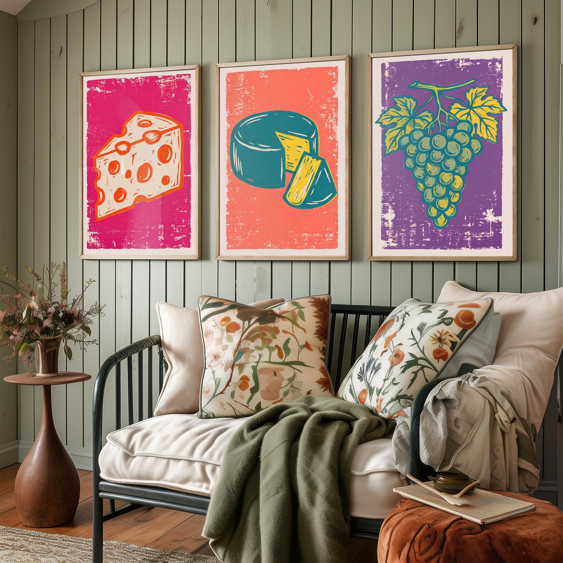 Set of Three Cheese Board Art Prints - Holey Cheese, Cheese Wheel, Grapes - Linocut Illustrations - Kitchen Triptych Posters V1