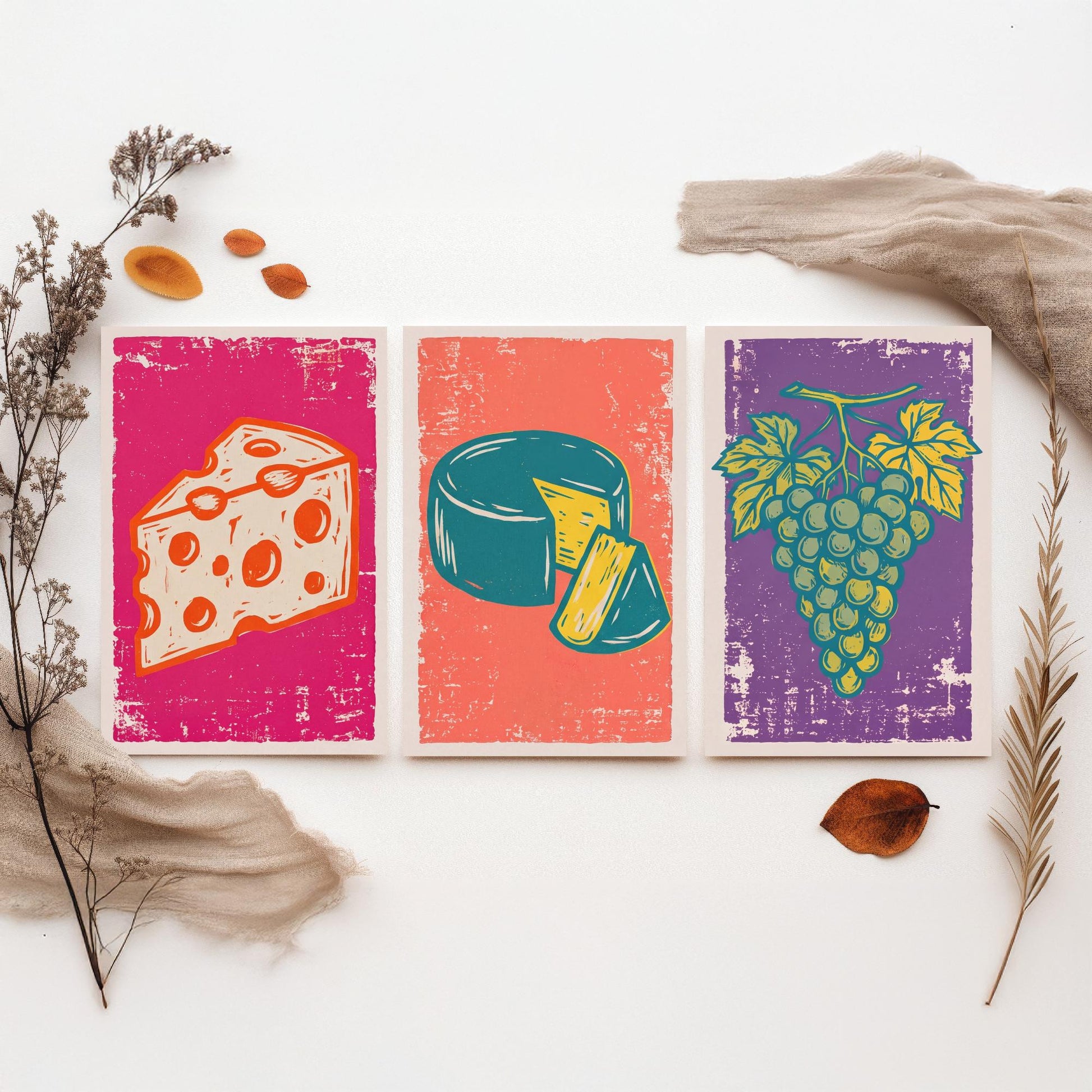 Set of Three Cheese Board Art Prints - Holey Cheese, Cheese Wheel, Grapes - Linocut Illustrations - Kitchen Triptych Posters V1