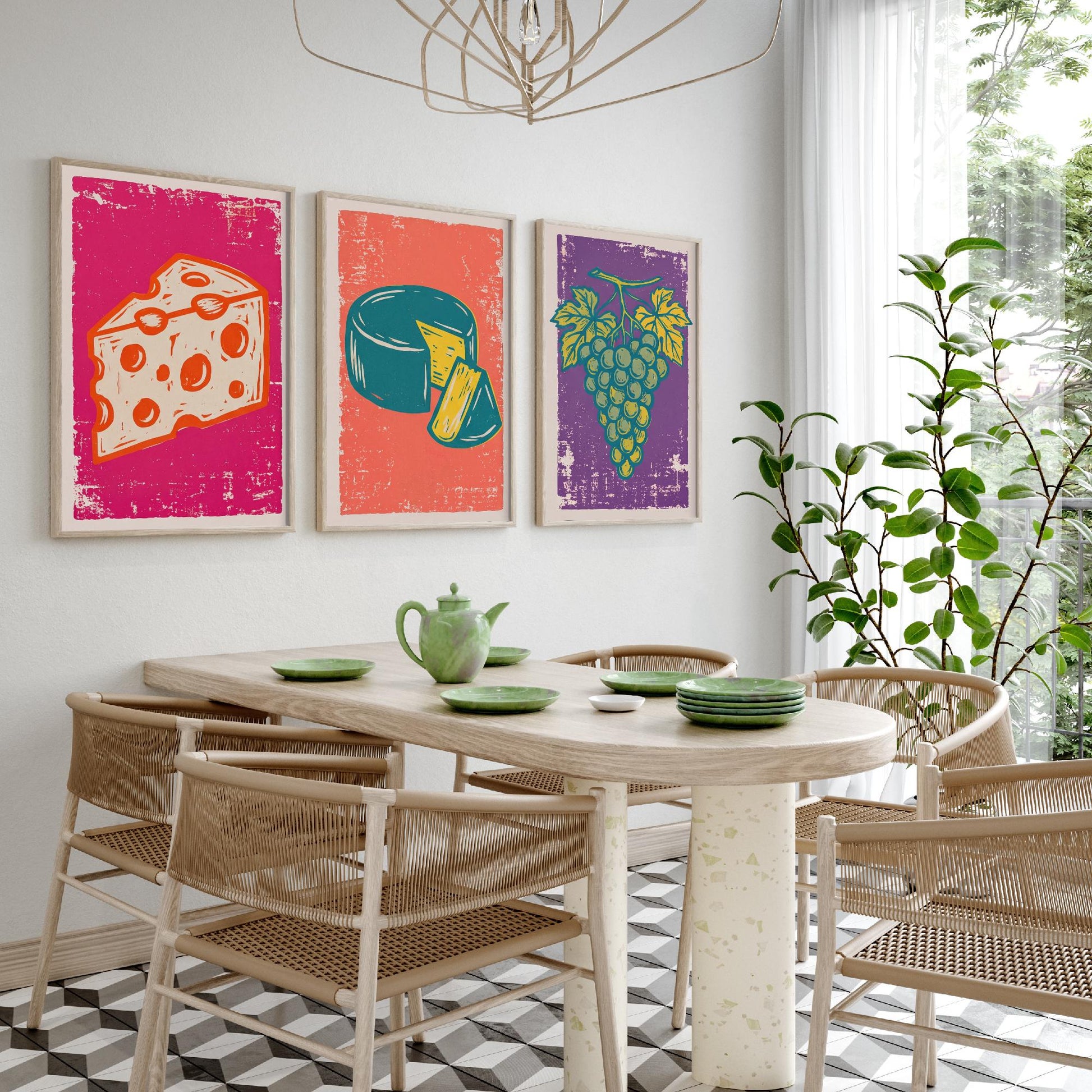Set of Three Cheese Board Art Prints - Holey Cheese, Cheese Wheel, Grapes - Linocut Illustrations - Kitchen Triptych Posters V1
