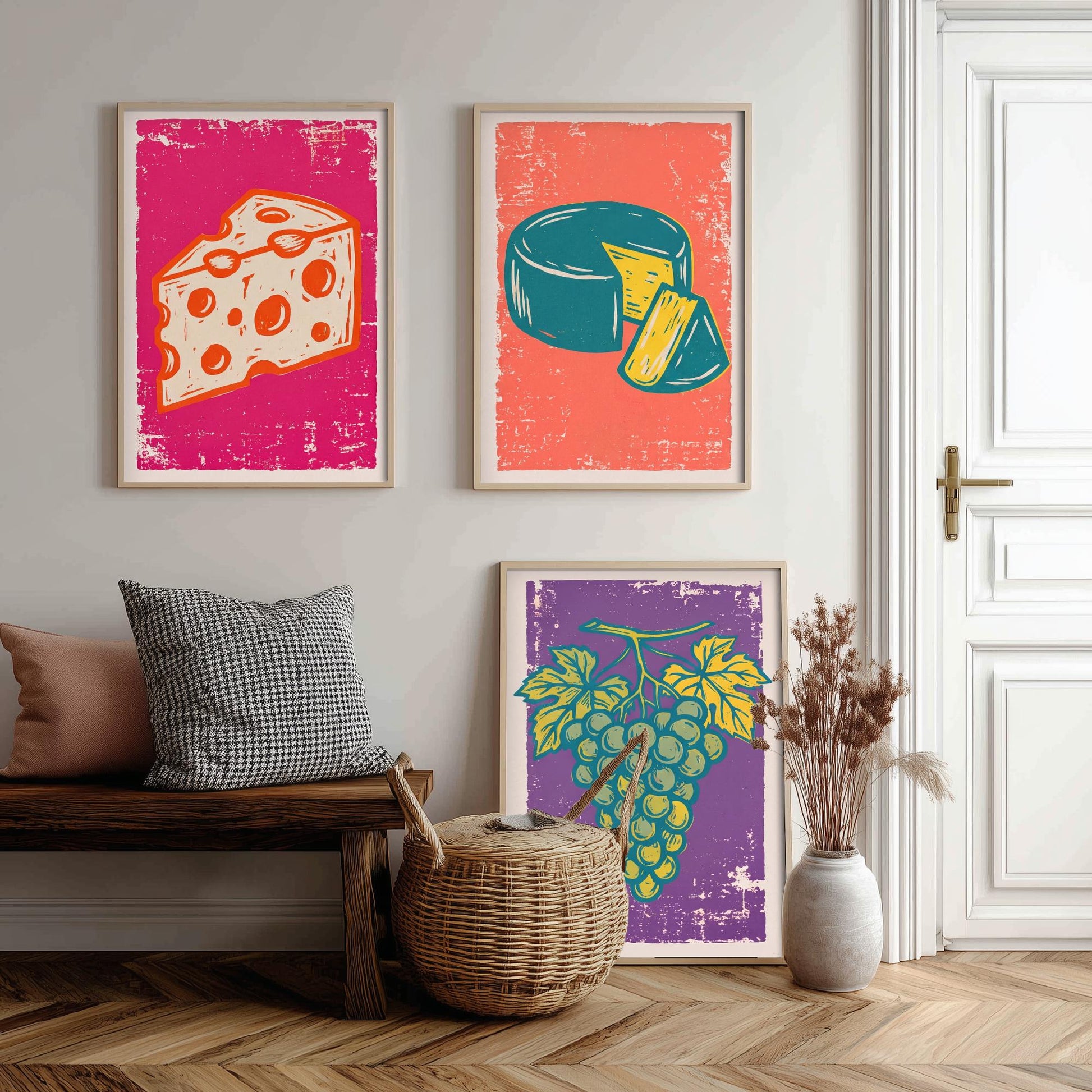 Set of Three Cheese Board Art Prints - Holey Cheese, Cheese Wheel, Grapes - Linocut Illustrations - Kitchen Triptych Posters V1