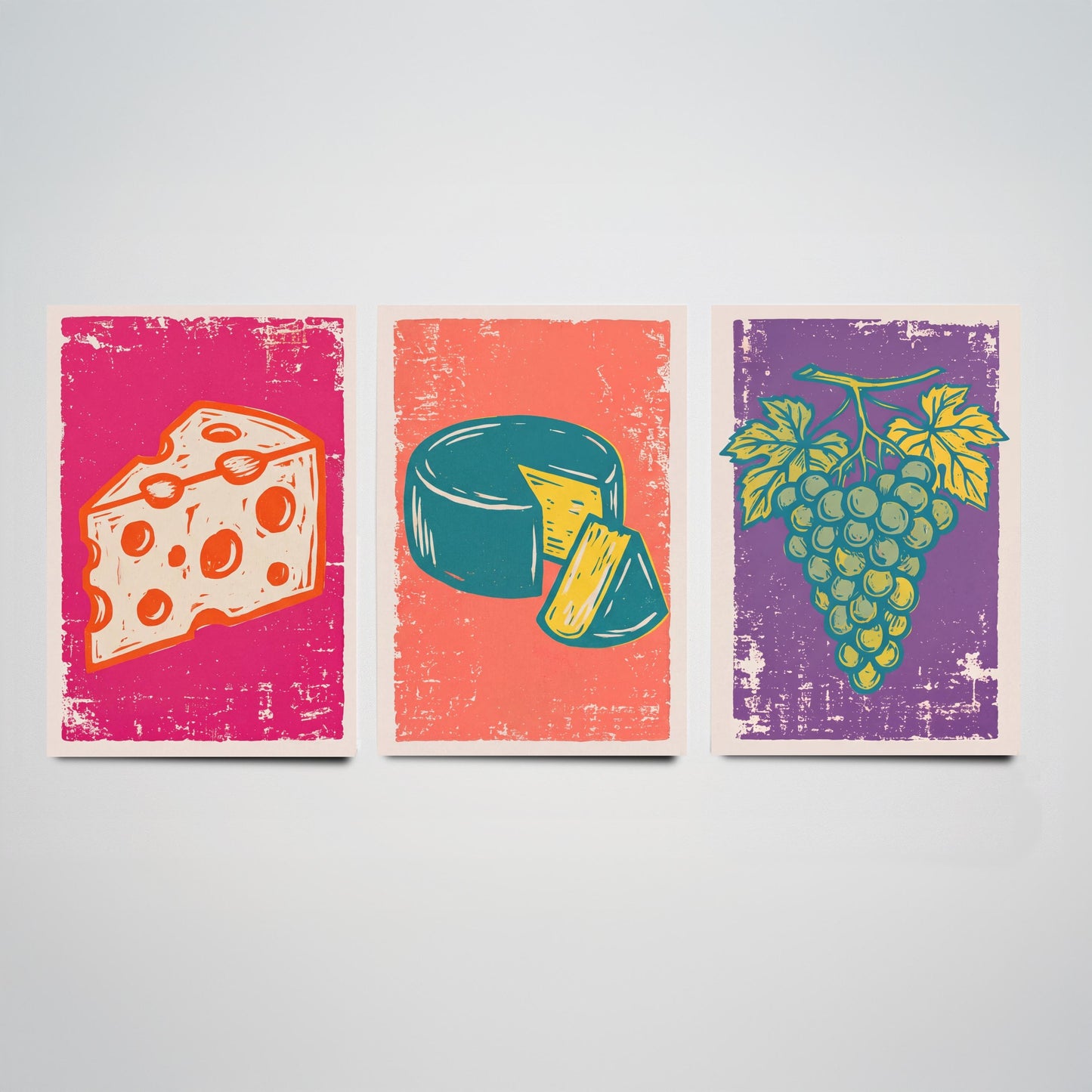 Set of Three Cheese Board Art Prints - Holey Cheese, Cheese Wheel, Grapes - Linocut Illustrations - Kitchen Triptych Posters V1