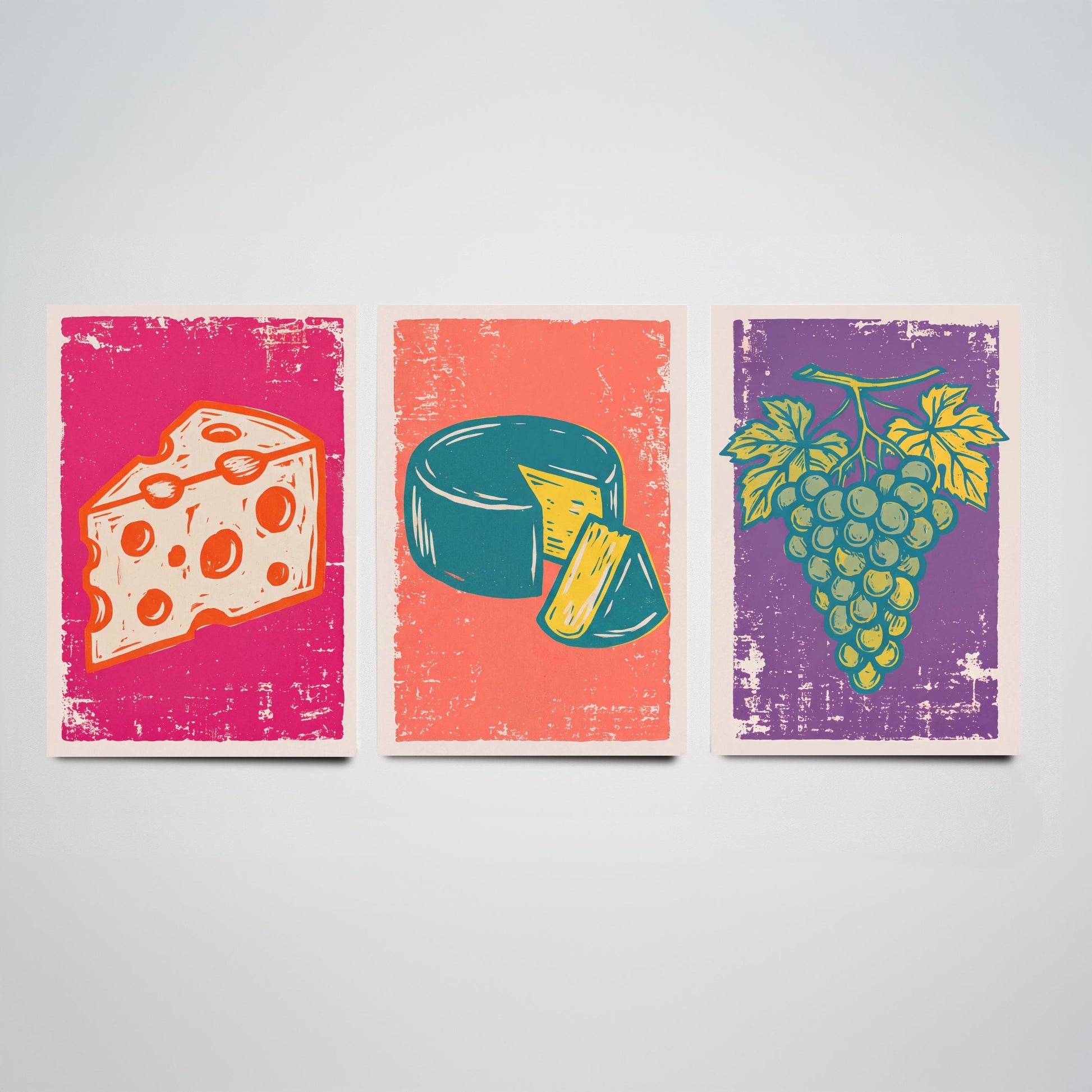 Set of Three Cheese Board Art Prints - Holey Cheese, Cheese Wheel, Grapes - Linocut Illustrations - Kitchen Triptych Posters V1