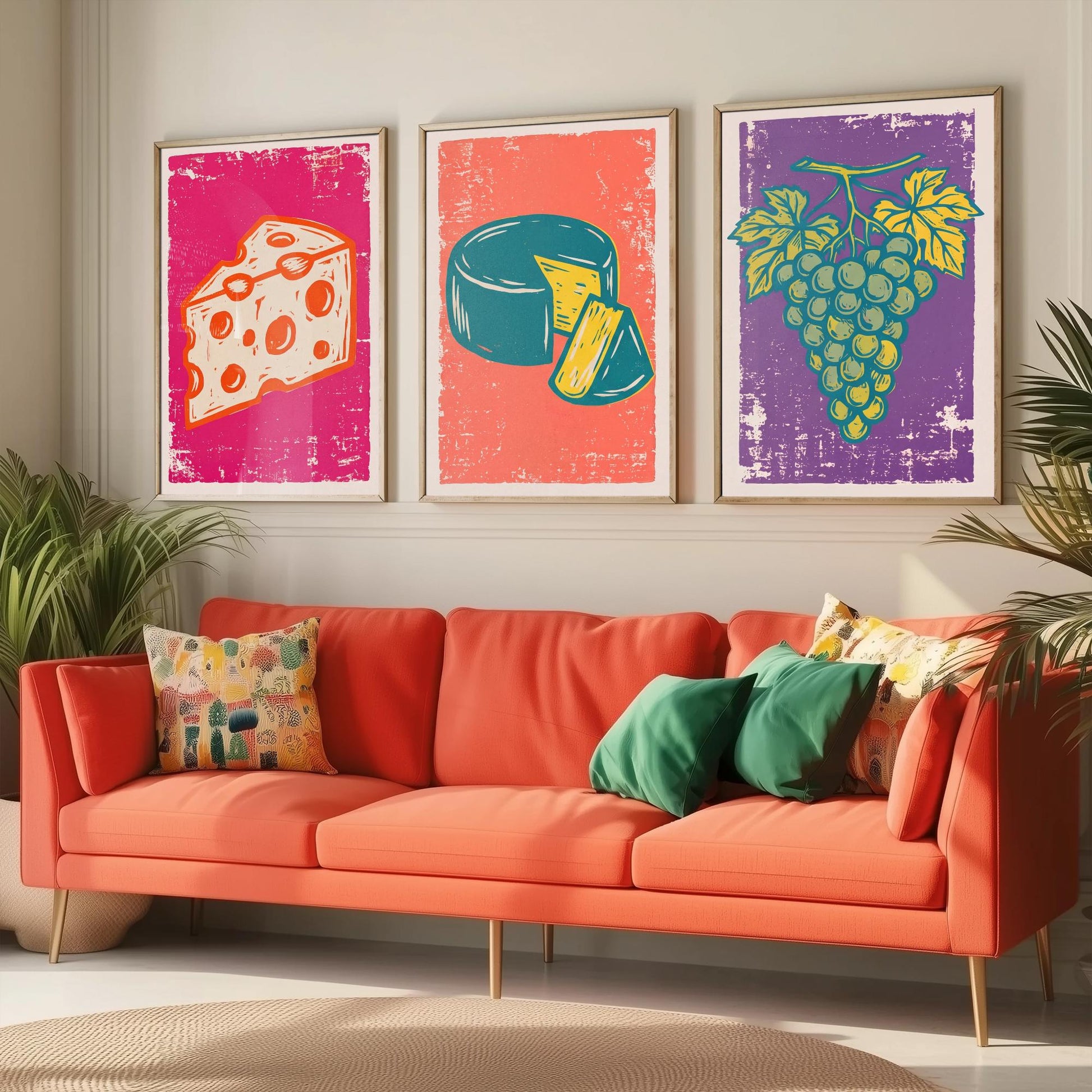 Set of Three Cheese Board Art Prints - Holey Cheese, Cheese Wheel, Grapes - Linocut Illustrations - Kitchen Triptych Posters V1