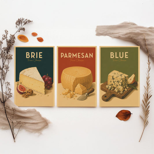 Vintage Cheese Set of Three Kitchen Art Prints - Brie, Parmesan, Blue - Retro Foodie Poster Illustration Gift Wall Decor