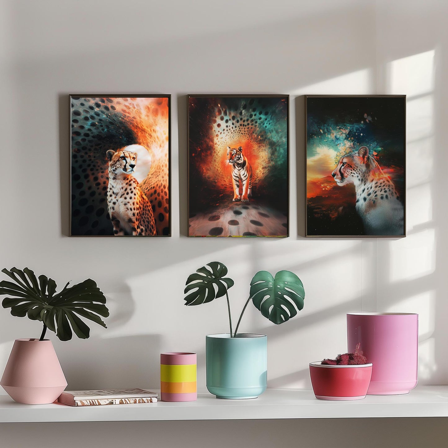 Big Cats Set of Three Art Prints - 3 Cheetah Tiger Leopard Posters - Rainbow Surreal Wildlife Wall Decor Illustration Animal Gift