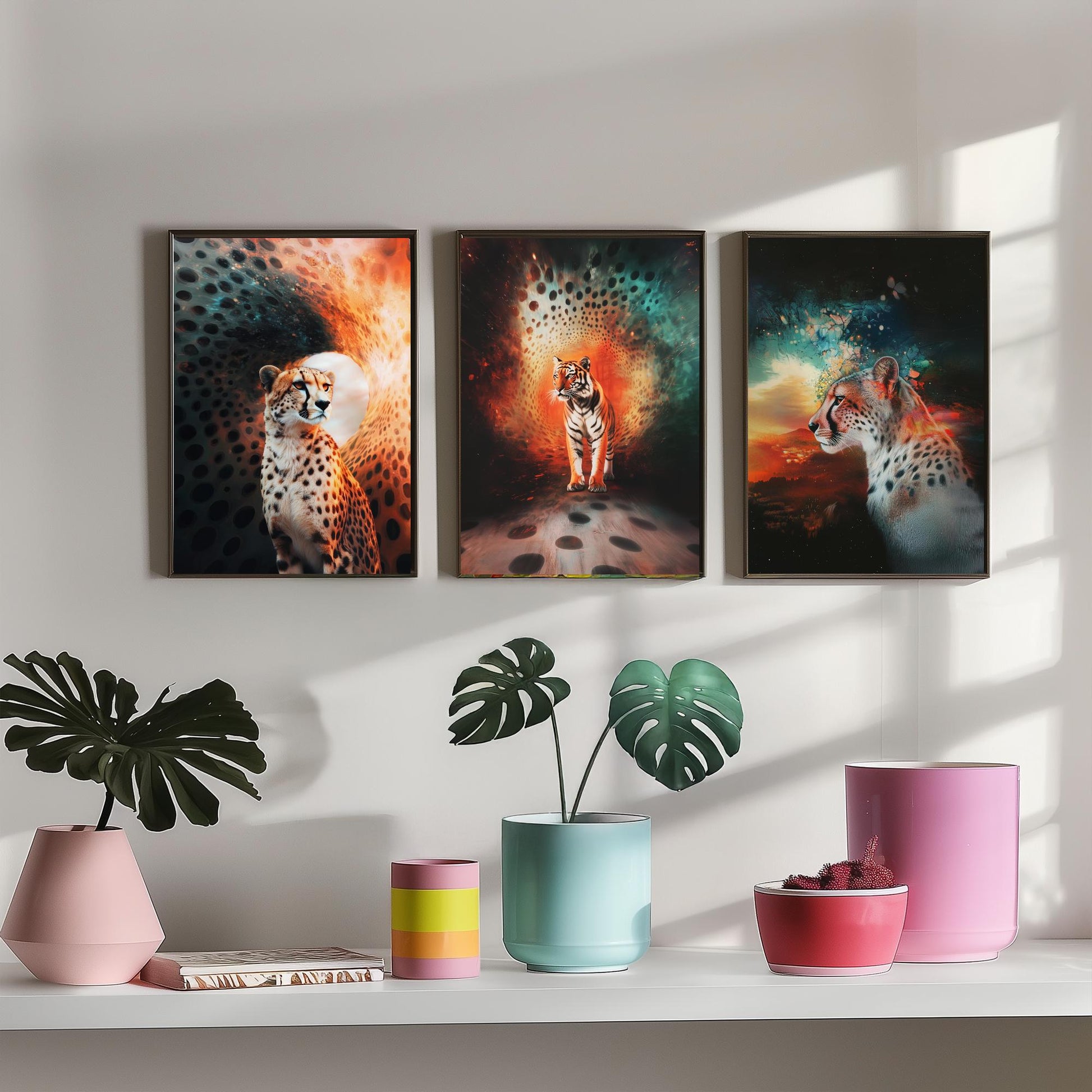 Big Cats Set of Three Art Prints - 3 Cheetah Tiger Leopard Posters - Rainbow Surreal Wildlife Wall Decor Illustration Animal Gift