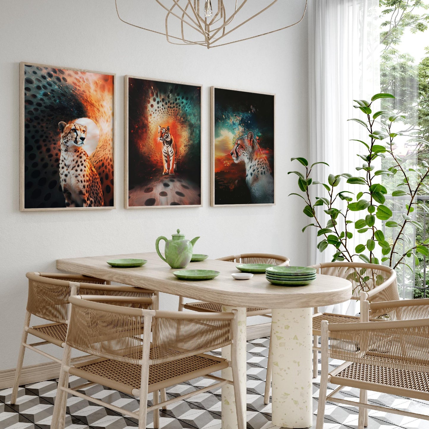 Big Cats Set of Three Art Prints - 3 Cheetah Tiger Leopard Posters - Rainbow Surreal Wildlife Wall Decor Illustration Animal Gift