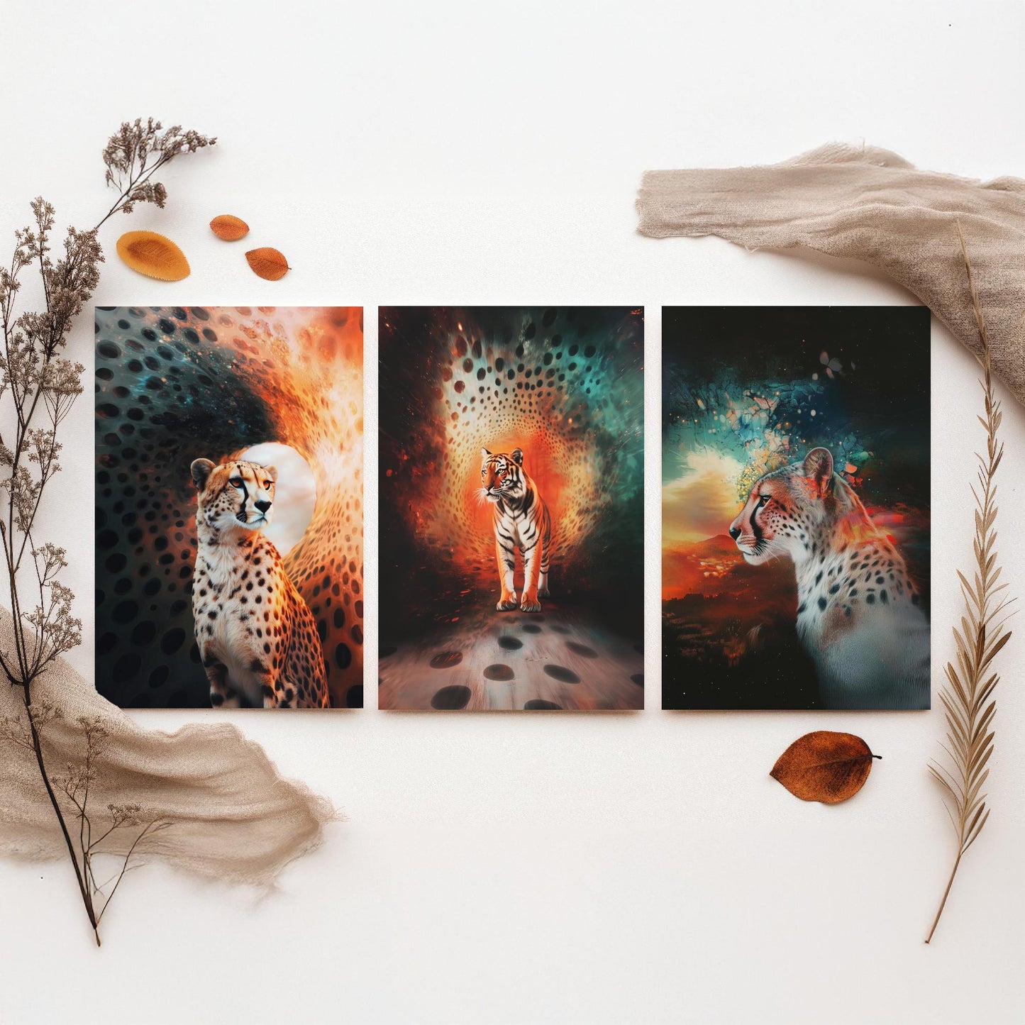 Big Cats Set of Three Art Prints - 3 Cheetah Tiger Leopard Posters - Rainbow Surreal Wildlife Wall Decor Illustration Animal Gift