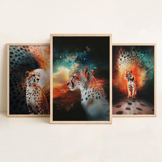 Big Cats Set of Three Art Prints - 3 Cheetah Tiger Leopard Posters - Rainbow Surreal Wildlife Wall Decor Illustration Animal Gift