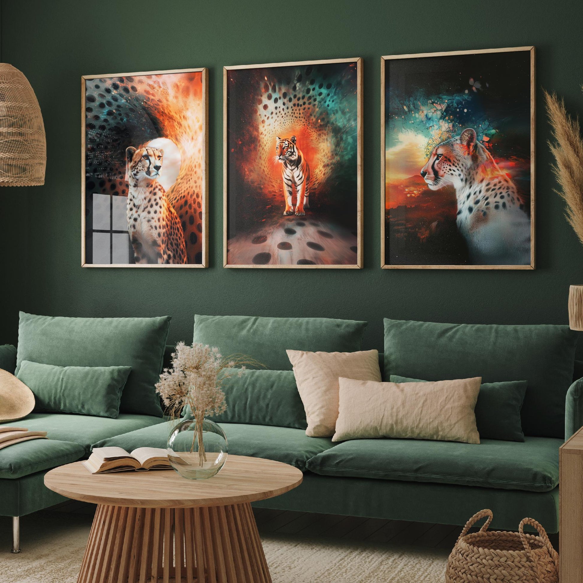 Big Cats Set of Three Art Prints - 3 Cheetah Tiger Leopard Posters - Rainbow Surreal Wildlife Wall Decor Illustration Animal Gift