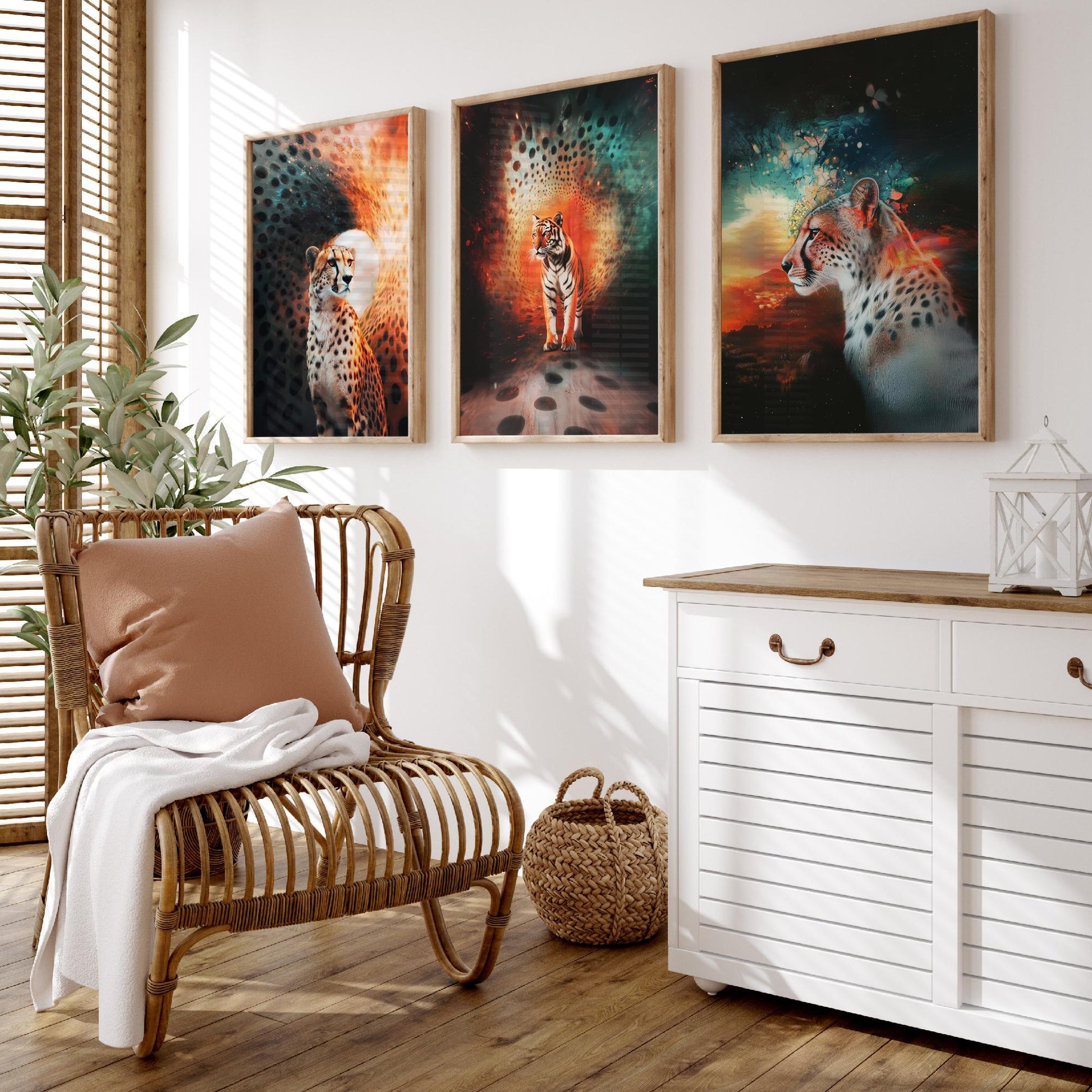 Big Cats Set of Three Art Prints - 3 Cheetah Tiger Leopard Posters - Rainbow Surreal Wildlife Wall Decor Illustration Animal Gift