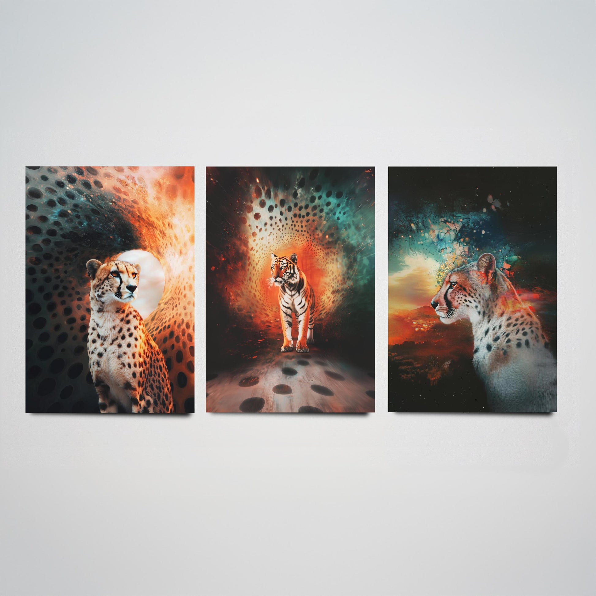 Big Cats Set of Three Art Prints - 3 Cheetah Tiger Leopard Posters - Rainbow Surreal Wildlife Wall Decor Illustration Animal Gift