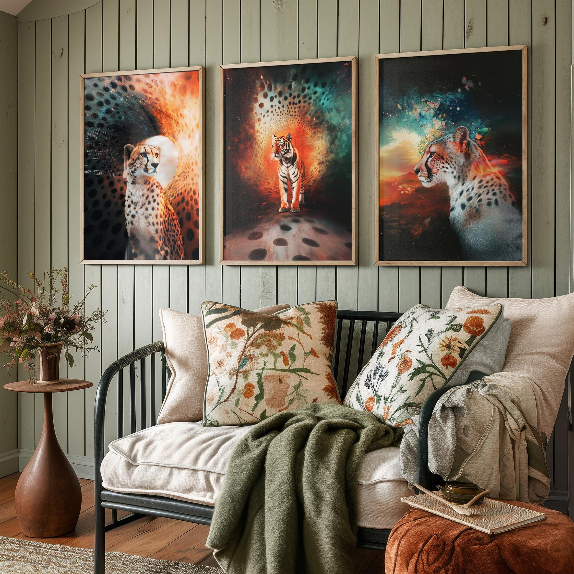 Big Cats Set of Three Art Prints - 3 Cheetah Tiger Leopard Posters - Rainbow Surreal Wildlife Wall Decor Illustration Animal Gift