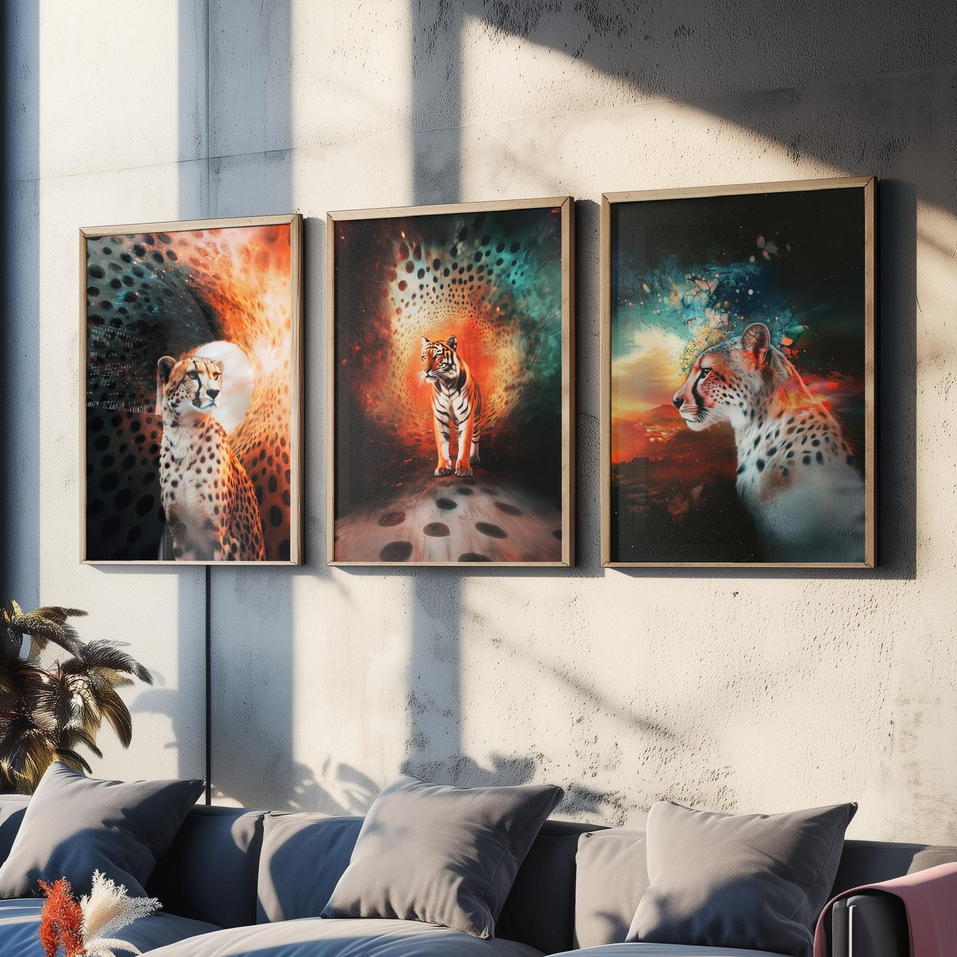 Big Cats Set of Three Art Prints - 3 Cheetah Tiger Leopard Posters - Rainbow Surreal Wildlife Wall Decor Illustration Animal Gift