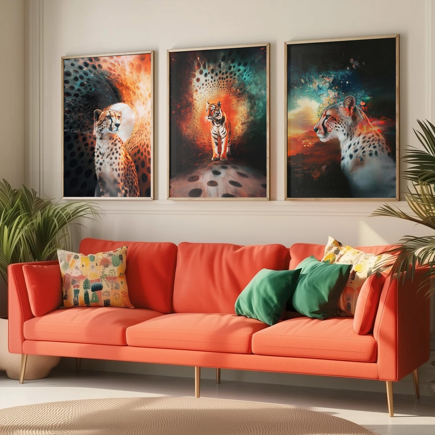 Big Cats Set of Three Art Prints - 3 Cheetah Tiger Leopard Posters - Rainbow Surreal Wildlife Wall Decor Illustration Animal Gift
