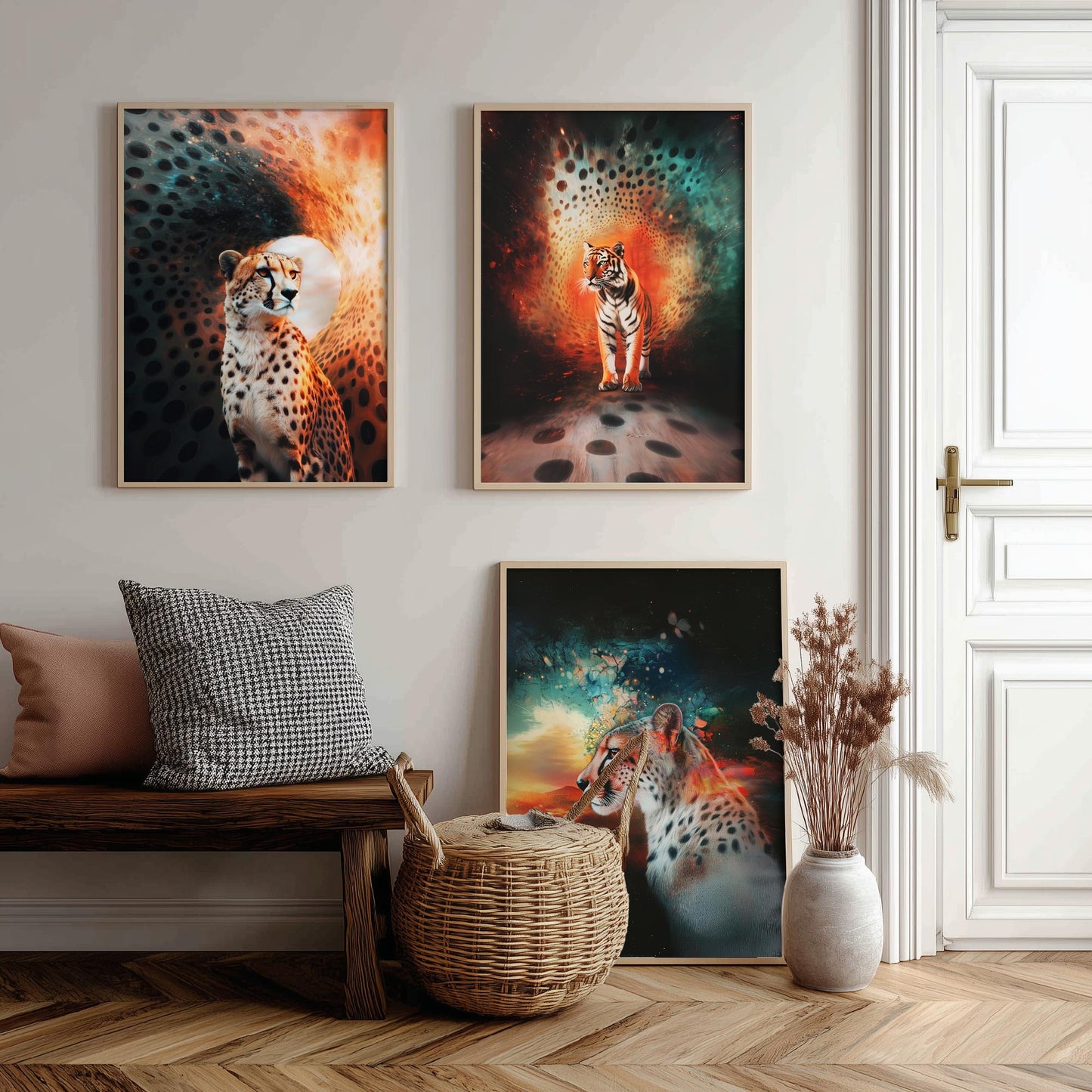 Big Cats Set of Three Art Prints - 3 Cheetah Tiger Leopard Posters - Rainbow Surreal Wildlife Wall Decor Illustration Animal Gift