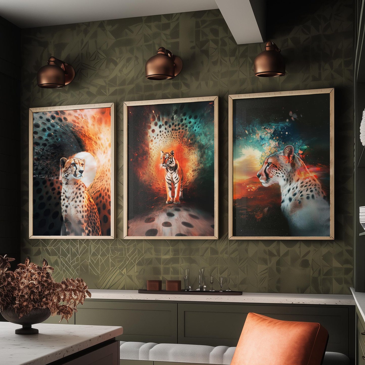 Big Cats Set of Three Art Prints - 3 Cheetah Tiger Leopard Posters - Rainbow Surreal Wildlife Wall Decor Illustration Animal Gift